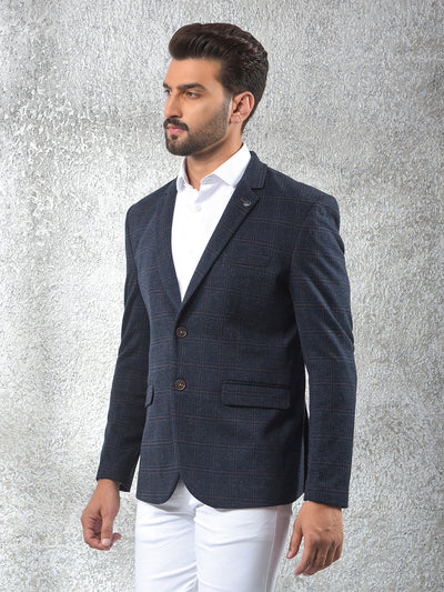 Navy Blue Checked Notched Lapel Single-Breasted Blazer