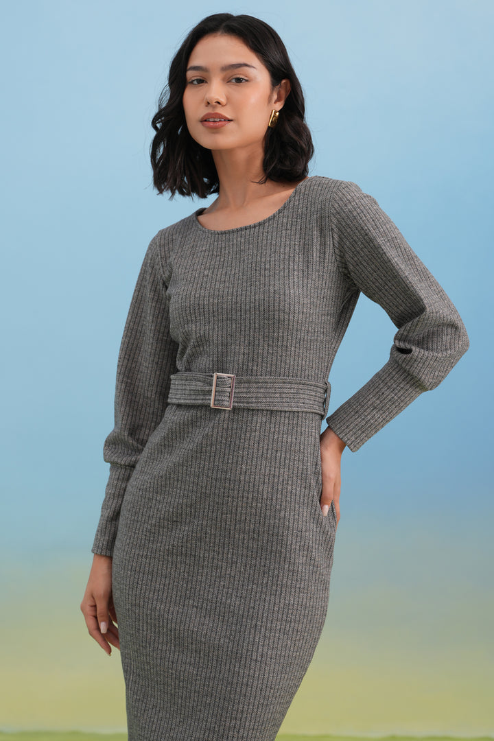 Grey Vertical Stripes Winter Bodycon Belted-Dress