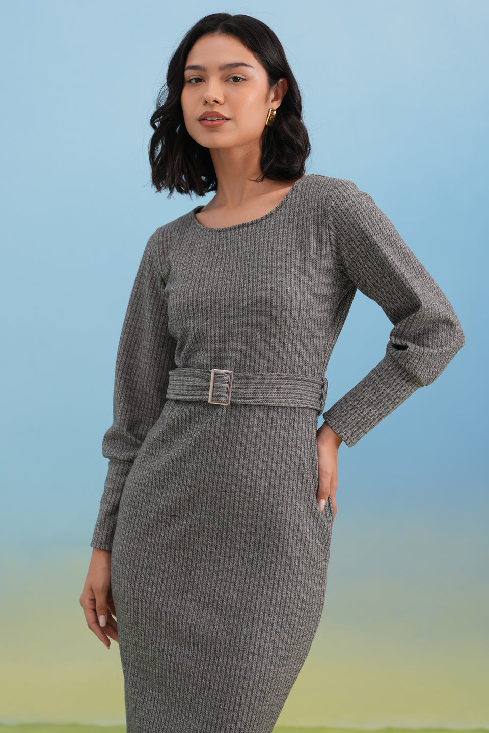 Grey Vertical Stripes Winter Bodycon Belted-Dress