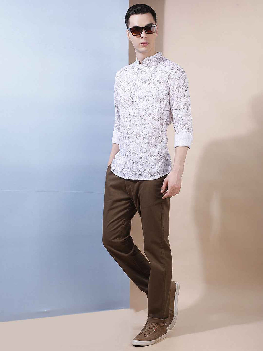 White Floral Print Linen Kurta