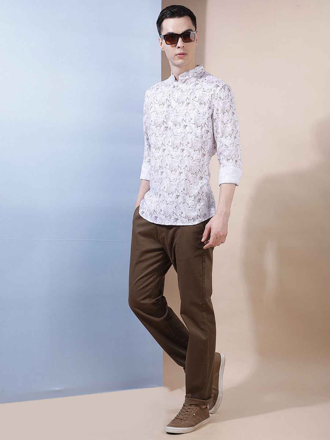 White Floral Print Linen Kurta
