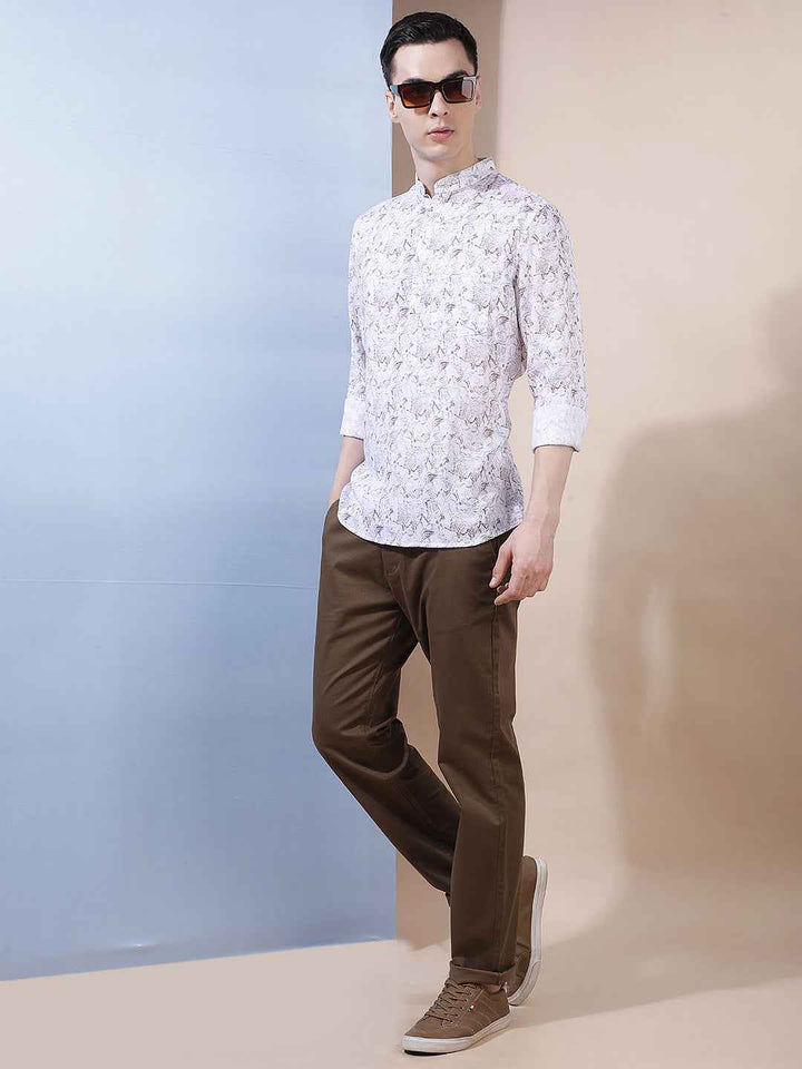 White Floral Print Linen Kurta