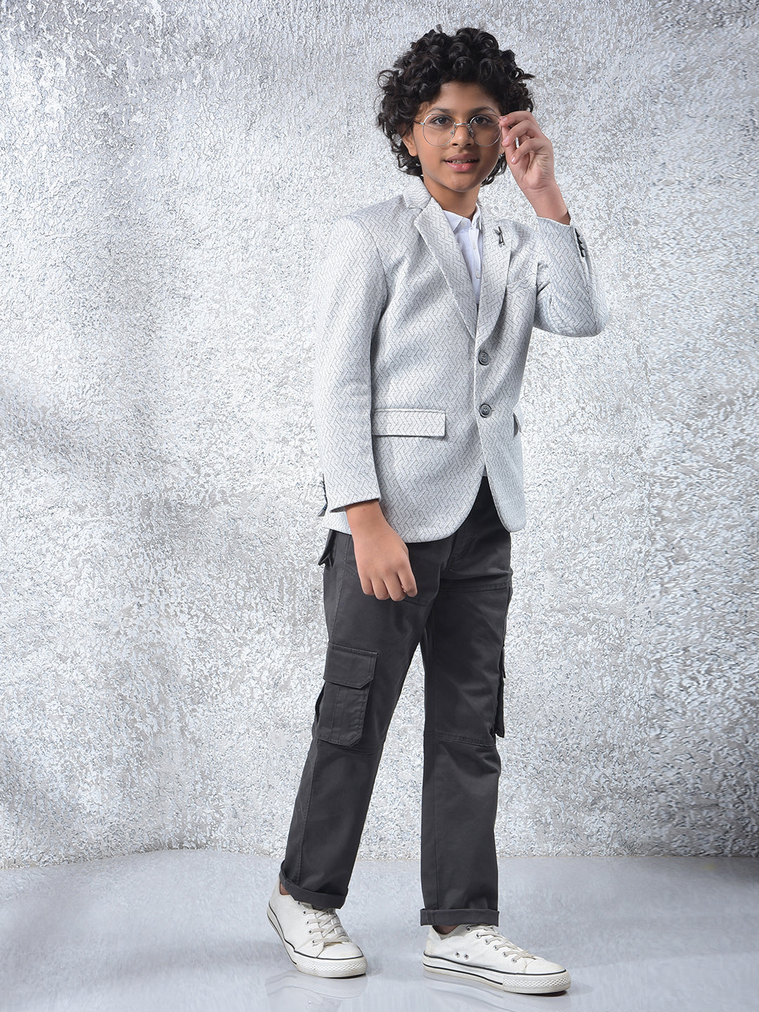 Grey Jacquard Single-Breasted Blazer