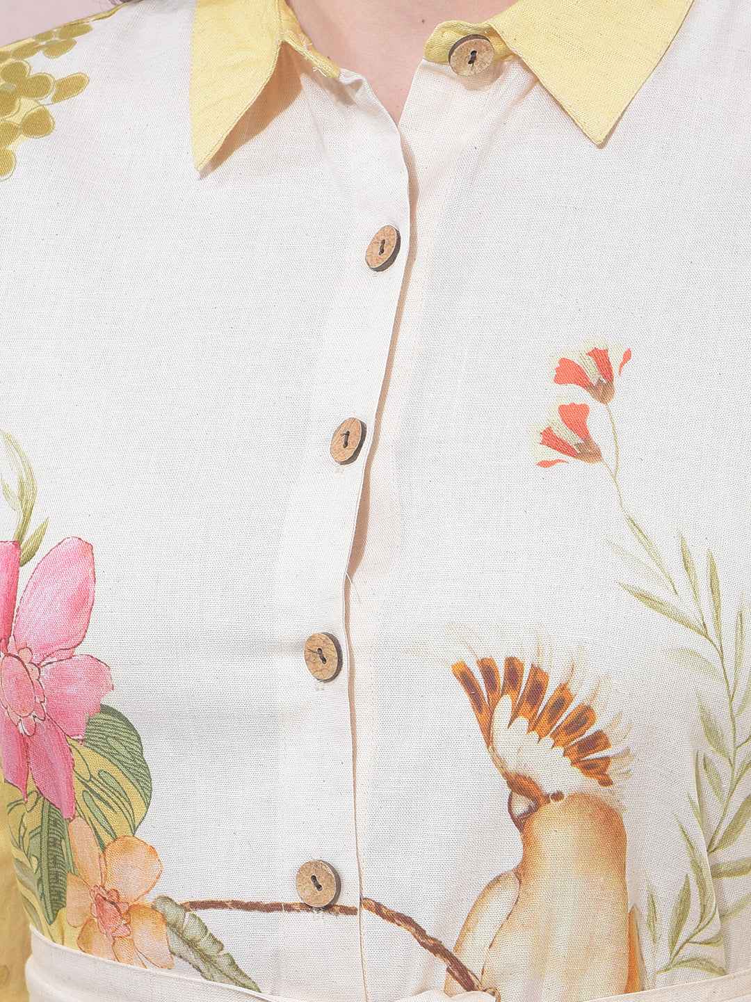 Yellow Floral Print Linen Shirt Dress With Belt