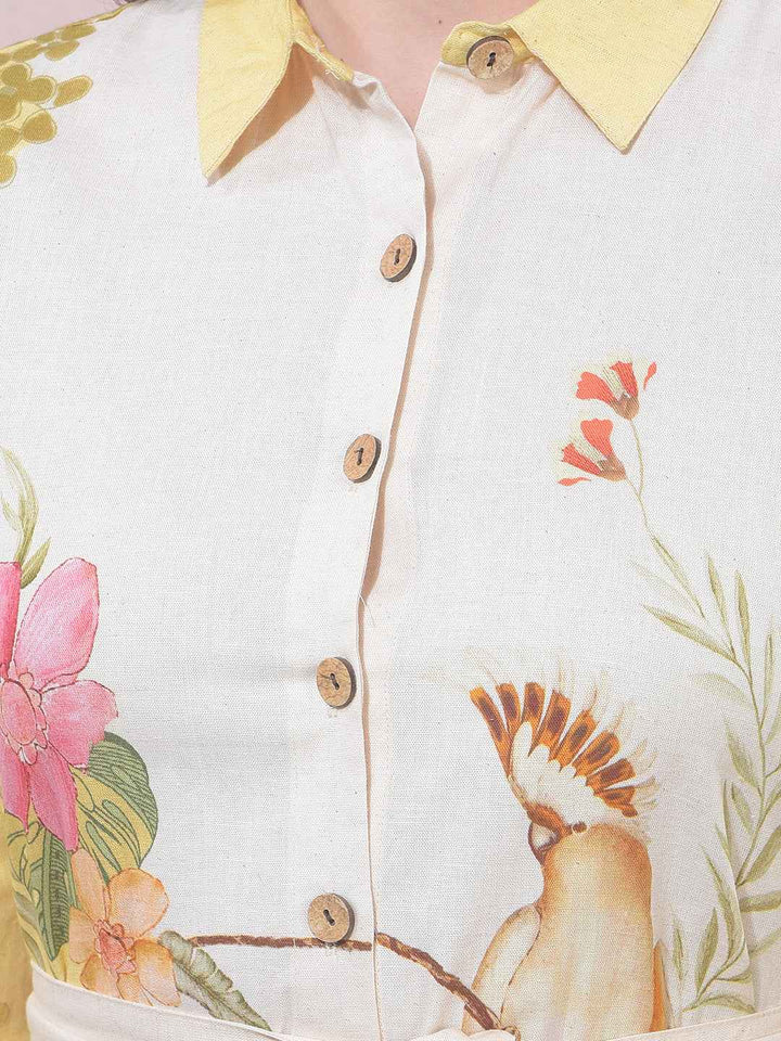 Yellow Floral Print Linen Shirt Dress With Belt