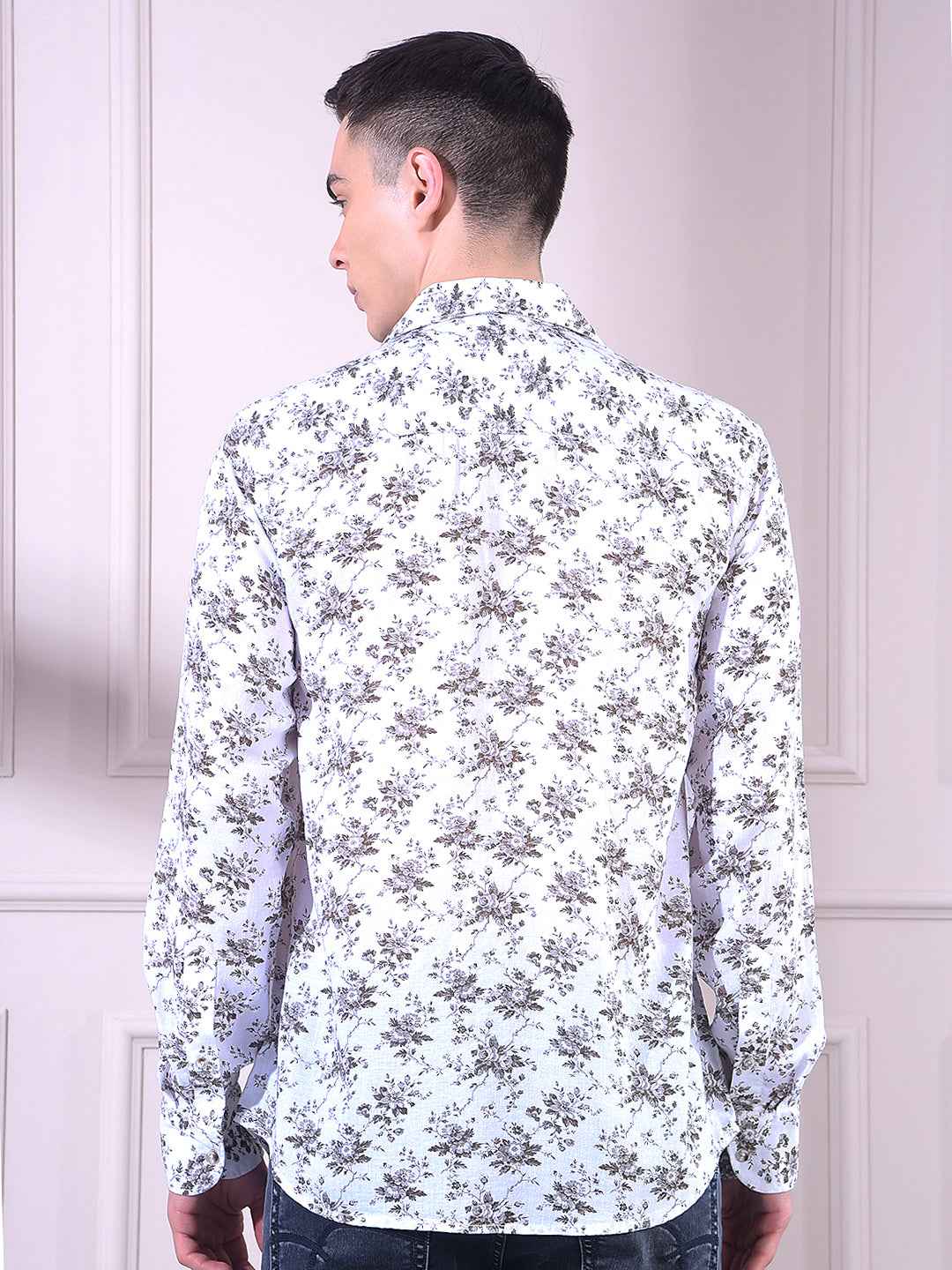 White Linen Floral Print Shirt
