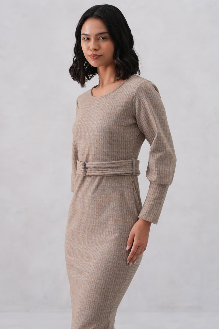 Beige Vertical Stripes Winter Bodycon Belted-Dress