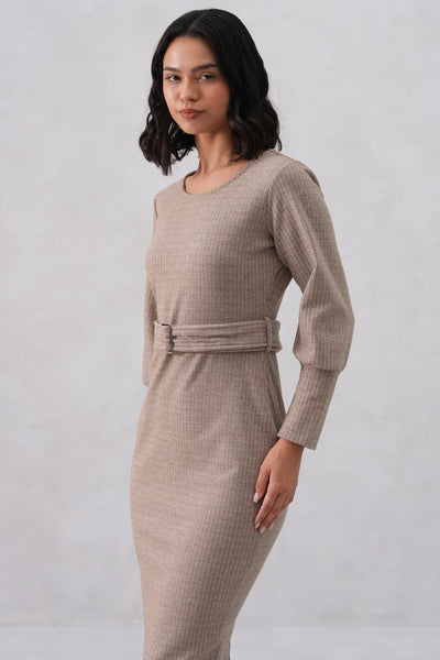 Beige Vertical Stripes Winter Bodycon Belted-Dress