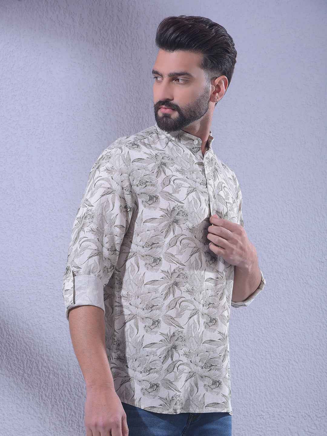Grey Floral Print Linen Kurta