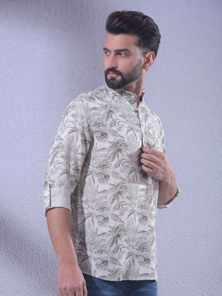 Grey Floral Print Linen Kurta
