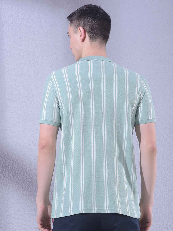 Green Vertical Stripes Polo Neck T-Shirt