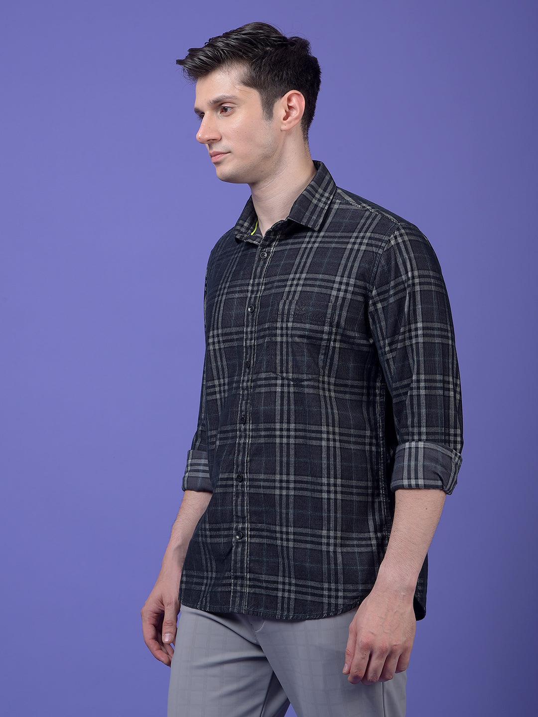 Black Checked 100% Cotton Corduroy Shirt