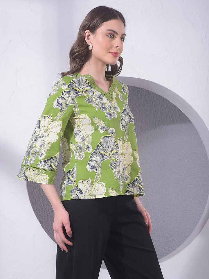 Green Floral Print V-Neck Top