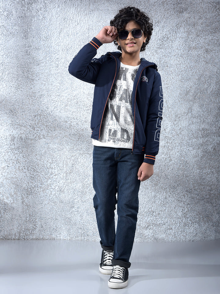 Navy Blue Typographic Print Hooded Neck Bomber Jacket