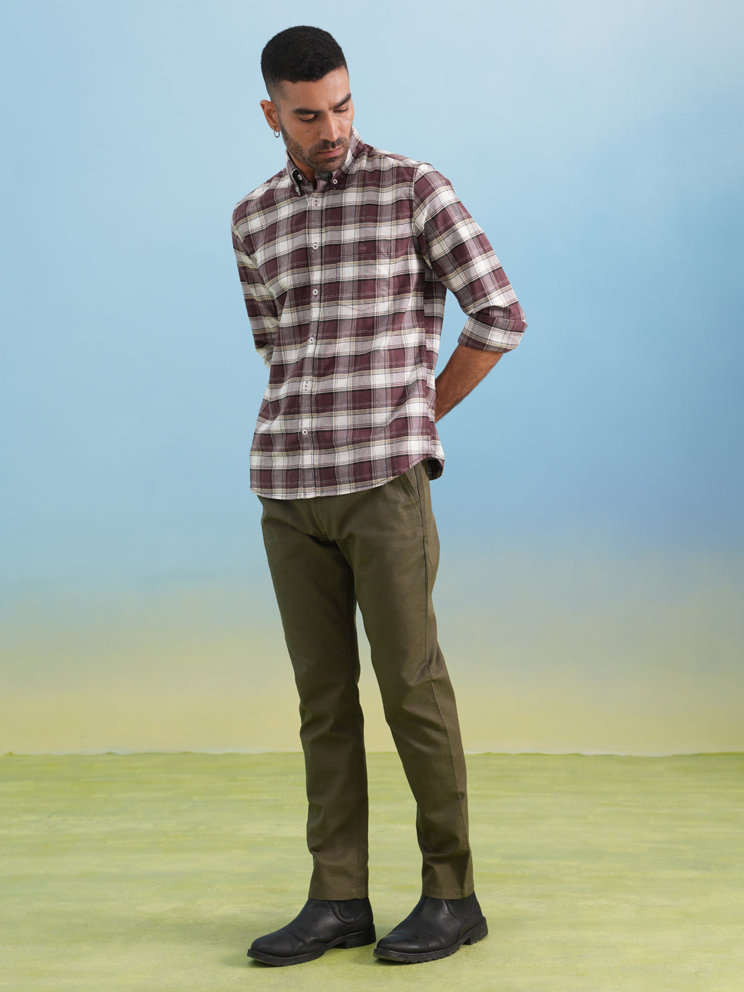 Wine Checked 100% Cotton Button-Down Collar Shirt