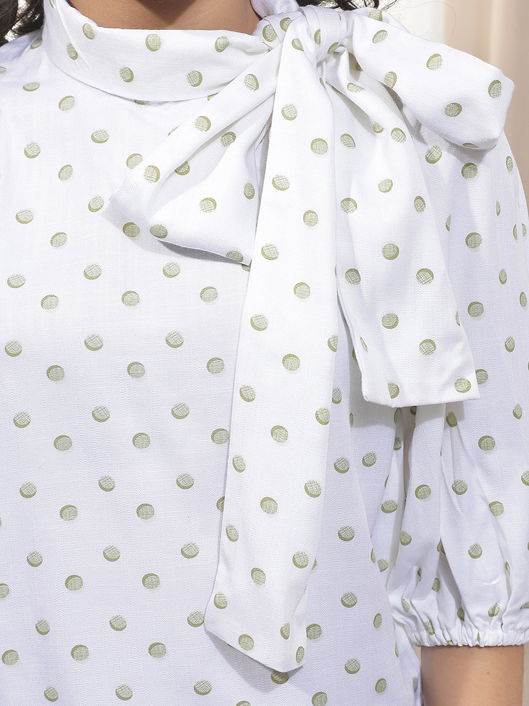 Green Polka Dots Printed Bow Tie Top