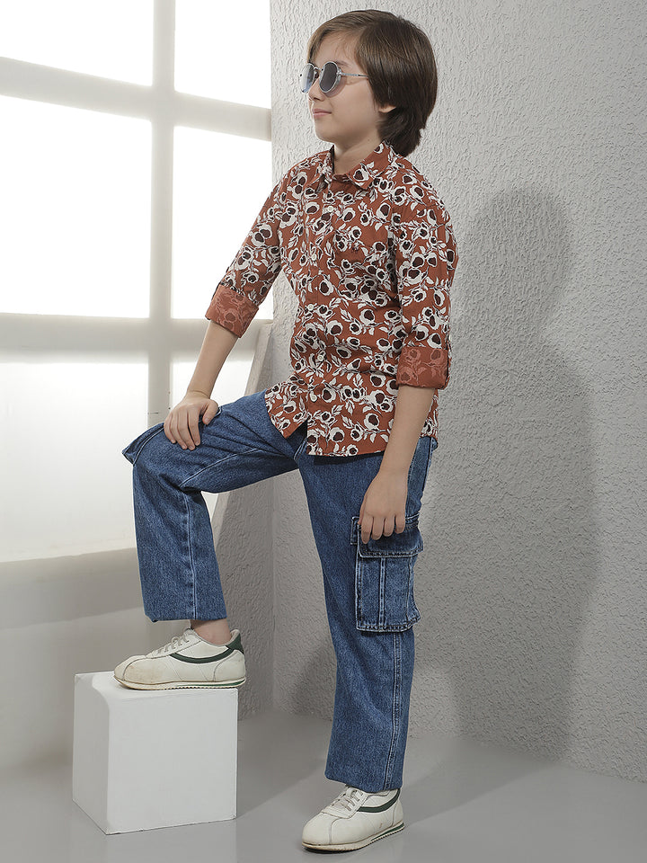 Brown Floral Print 100% Cotton Shirt