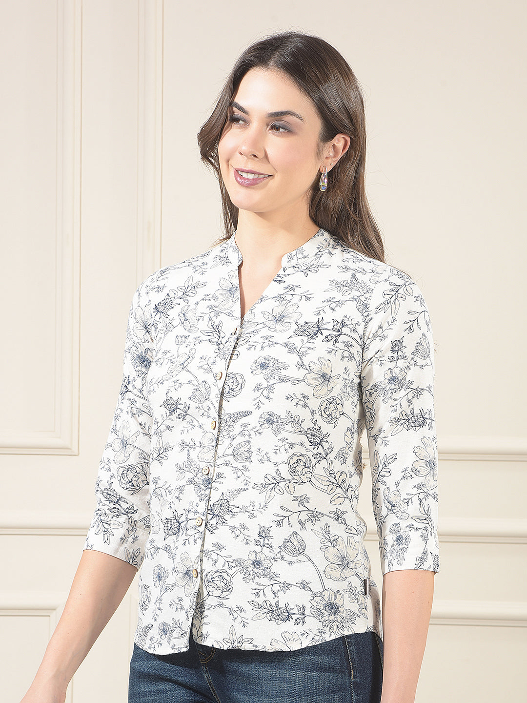 White Floral Print V-Neck Linen Shirt