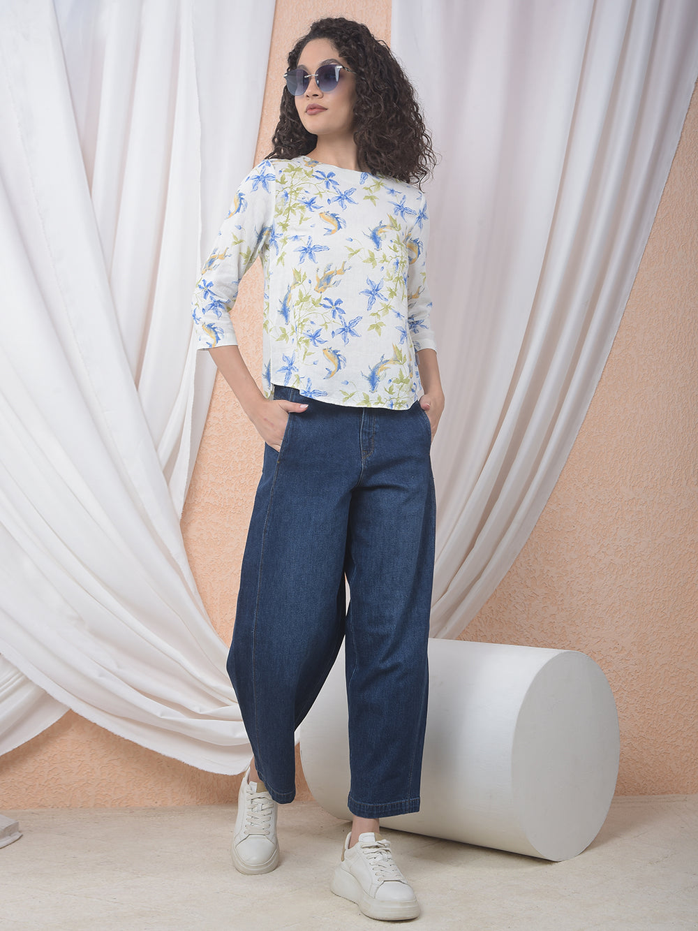 Blue Floral Printed Linen Top