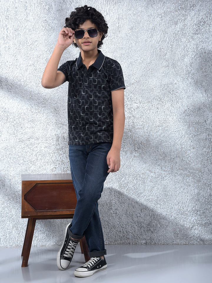Black Printed Polo Neck T-Shirt