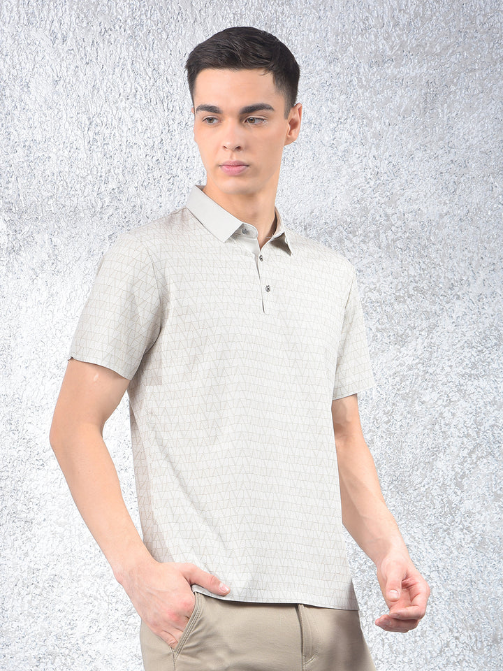 Beige Printed Polo Neck T-Shirt