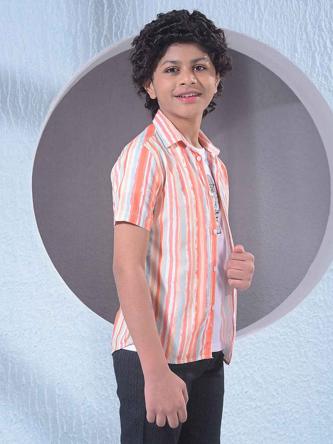 Peach Vertical Striped Layered Shirt with T-Shirt