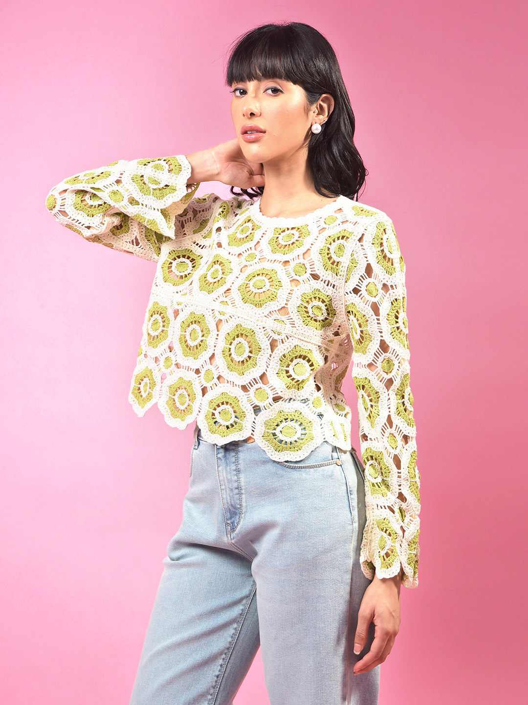 Green Embroidered Crochet Top-Women Tops-Crimsoune Club