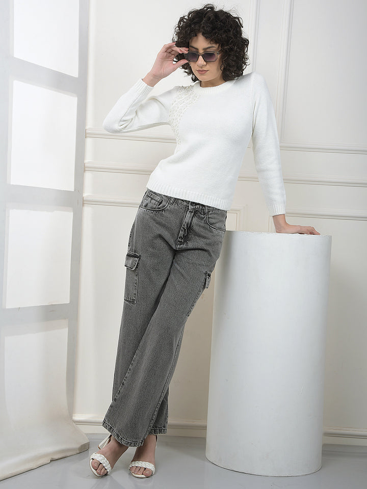 Round Neck White Sweater