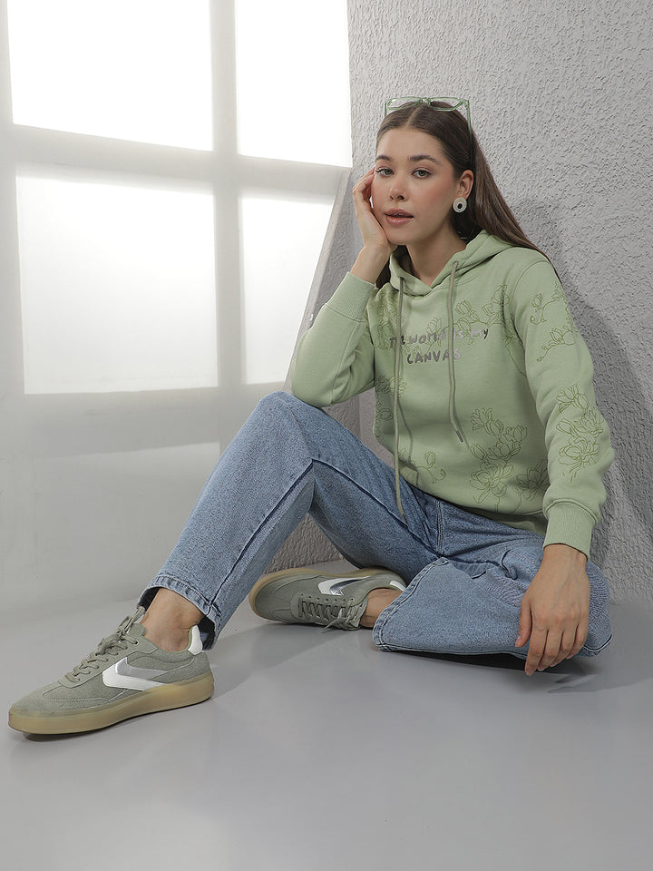 Green Floral Print Hooded Neck Sweatshirt
