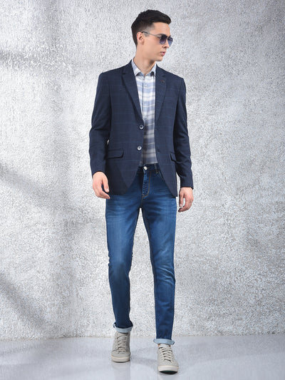 Navy Blue Checked Notched Lapel Single Breasted Blazer