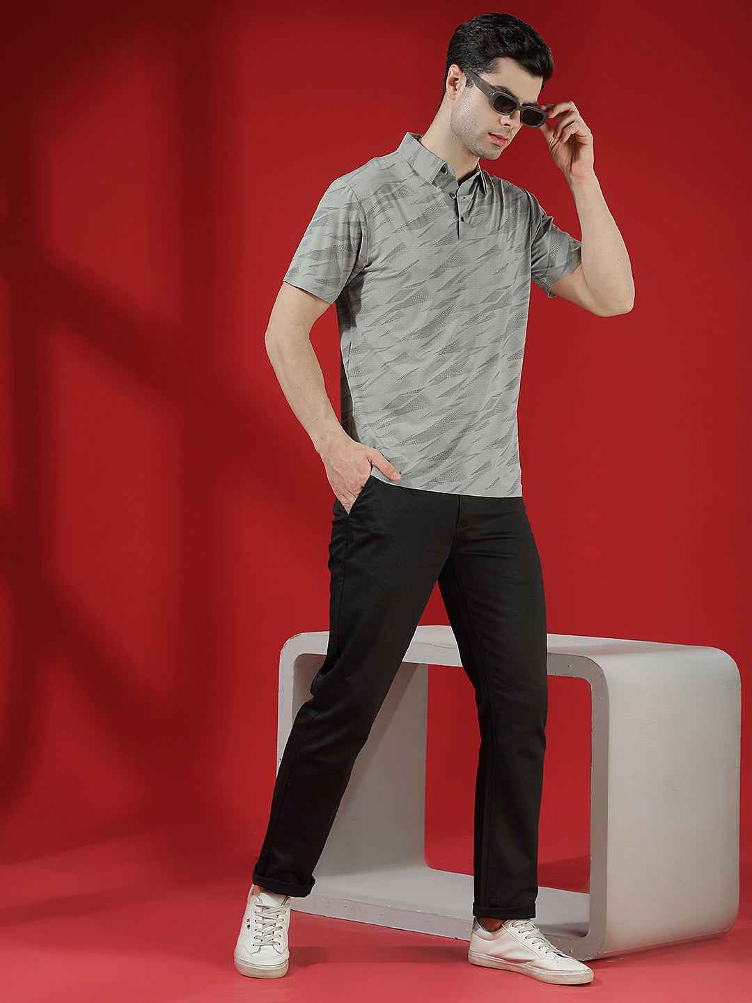 Grey Camouflage Print Polo T-Shirt