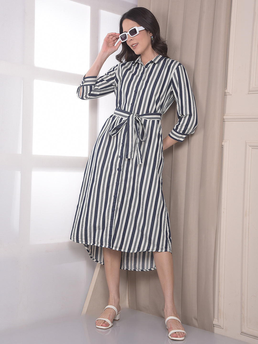 Blue Vertical Striped 100% cotton Shirt Dress