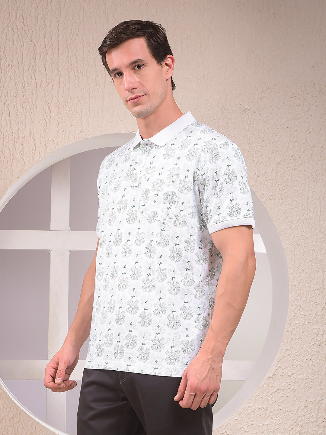 Green Floral Print Polo Neck T-Shirt