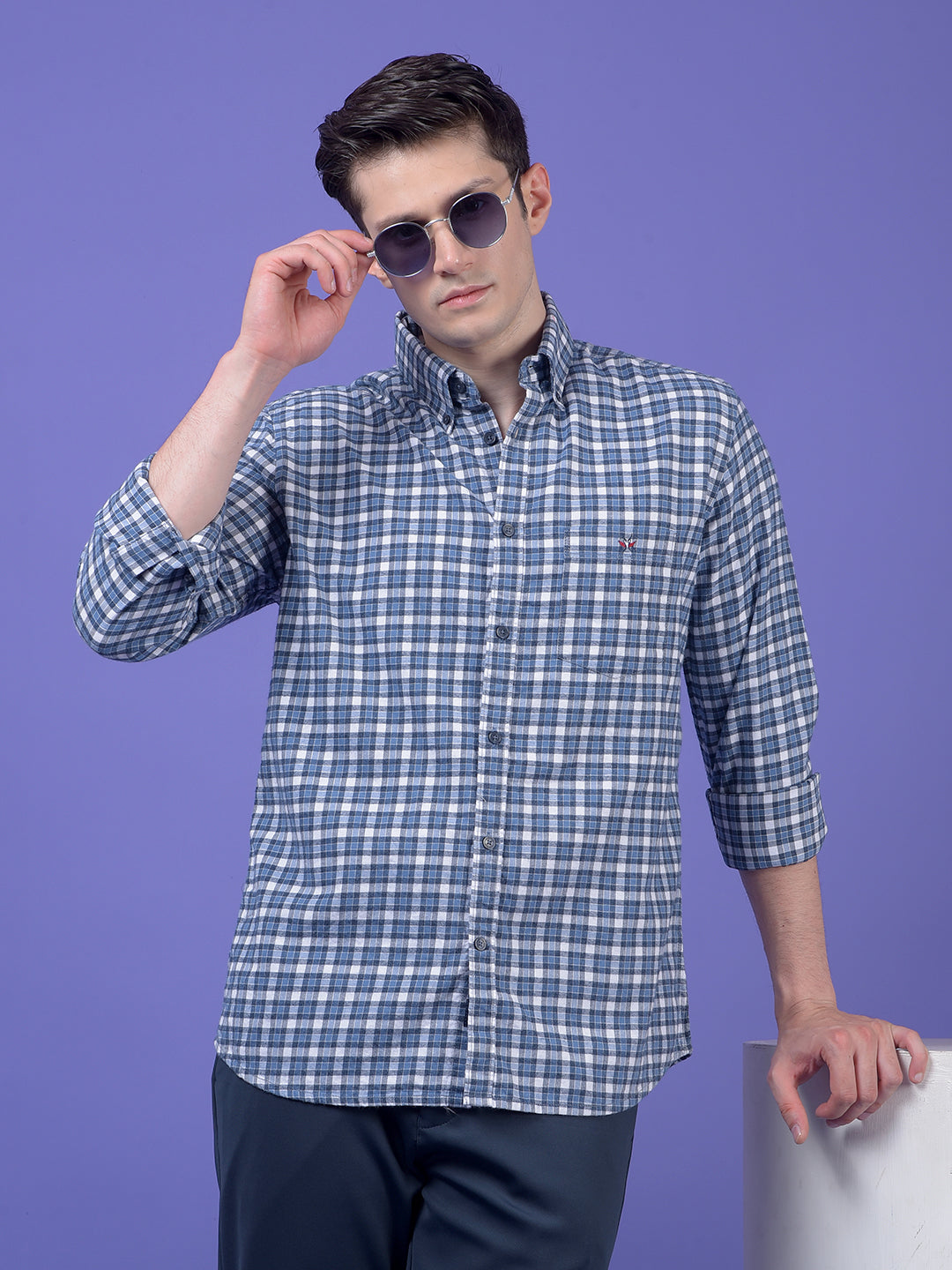 Blue Checked Button-Down Collar 100% Cotton Shirt