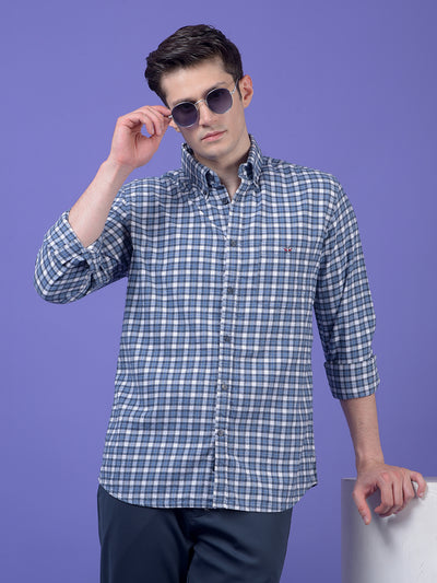 Blue Checked Button-Down Collar 100% Cotton Shirt