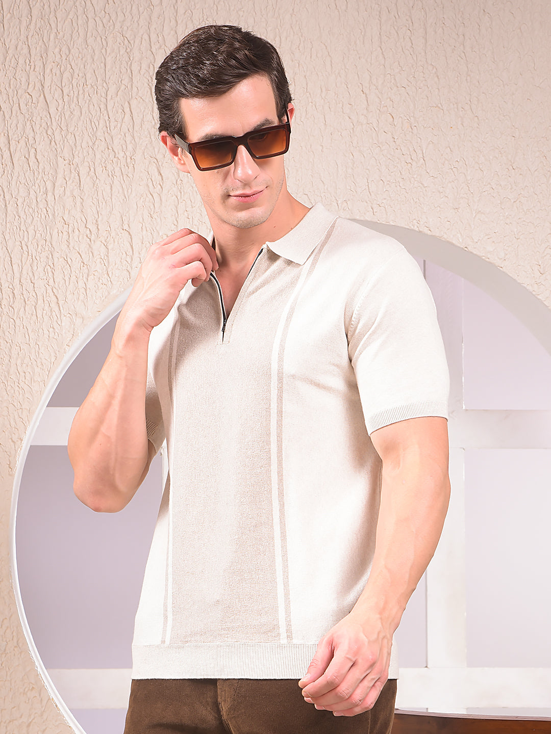 Beige Vertical Stripes Polo Neck T-Shirt