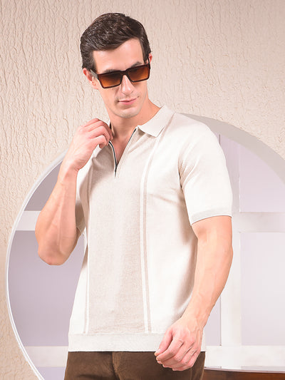 Beige Vertical Stripes Polo Neck T-Shirt