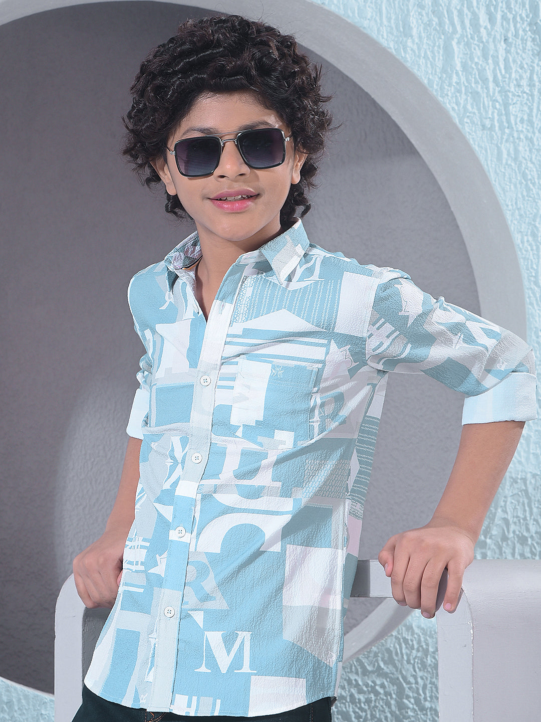 Blue Typographic Print Shirt-Boys Shirts-Crimsoune Club