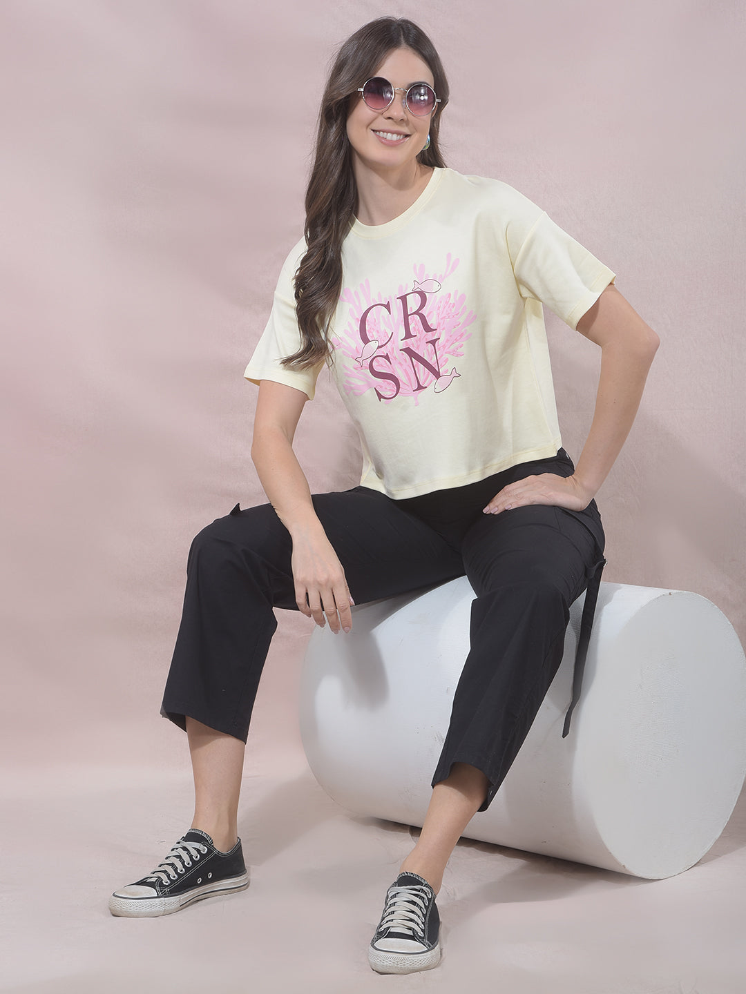 Yellow Typographic Print Cropped T-Shirt