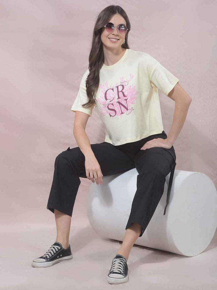 Yellow Typographic Print Cropped T-Shirt