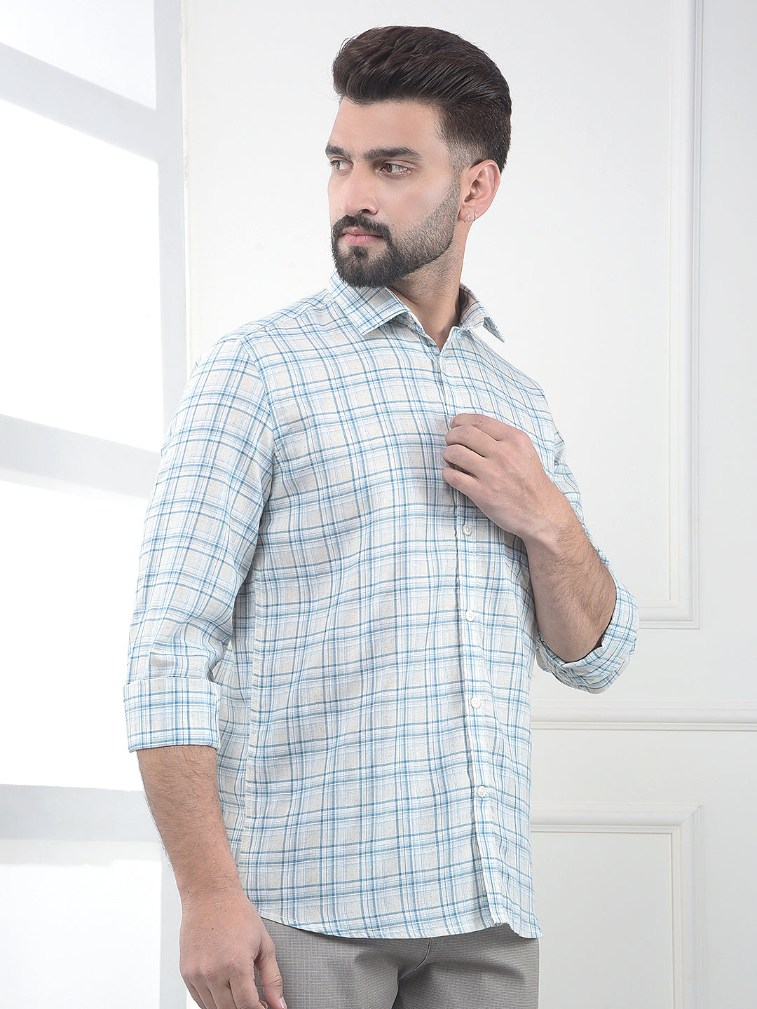 Periwinkle Blue Checked Linen Shirt