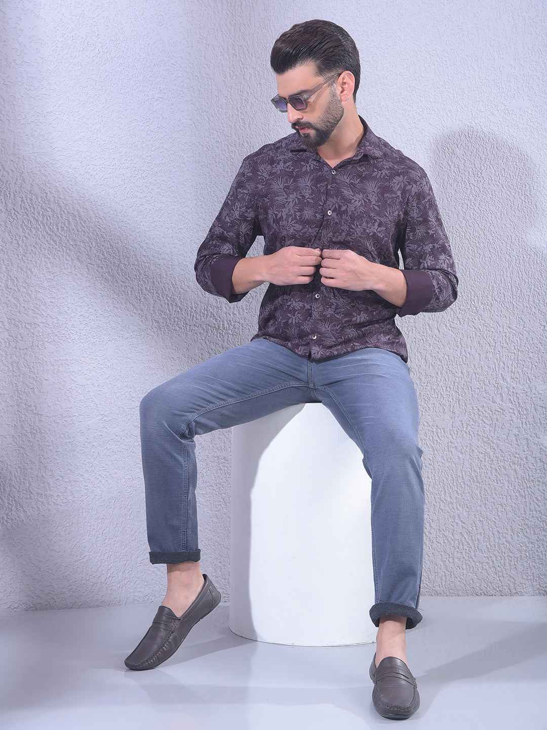 Wine Floral Print Shirt