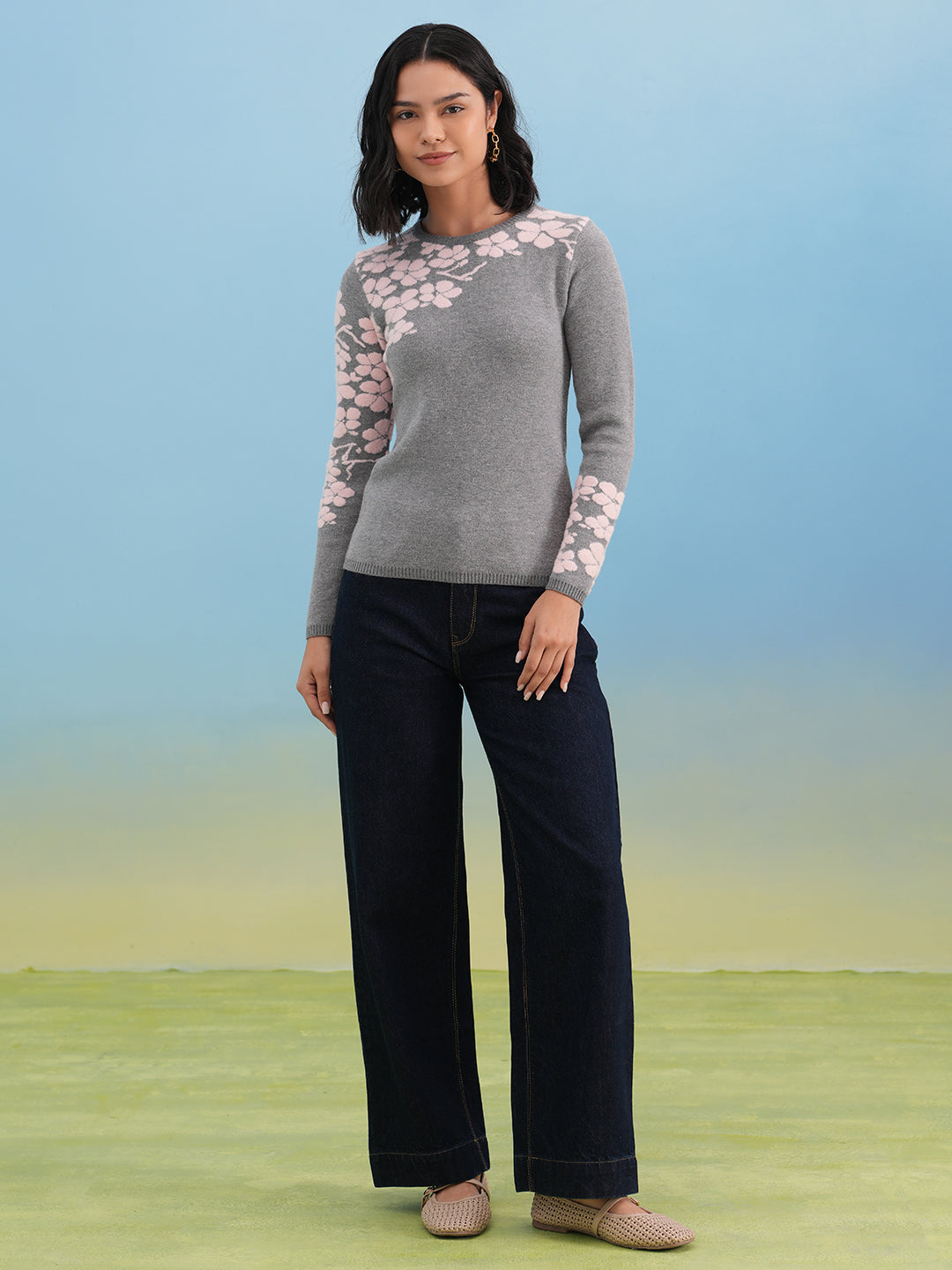 Grey Pink Floral Knit Sweater