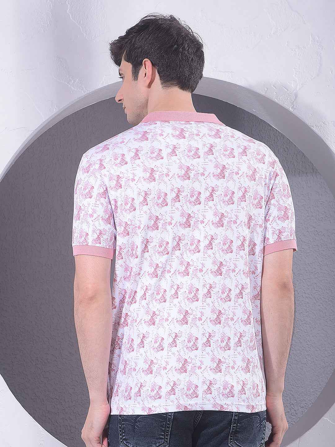 Pink 100% Cotton Geometric Print Polo T-Shirt