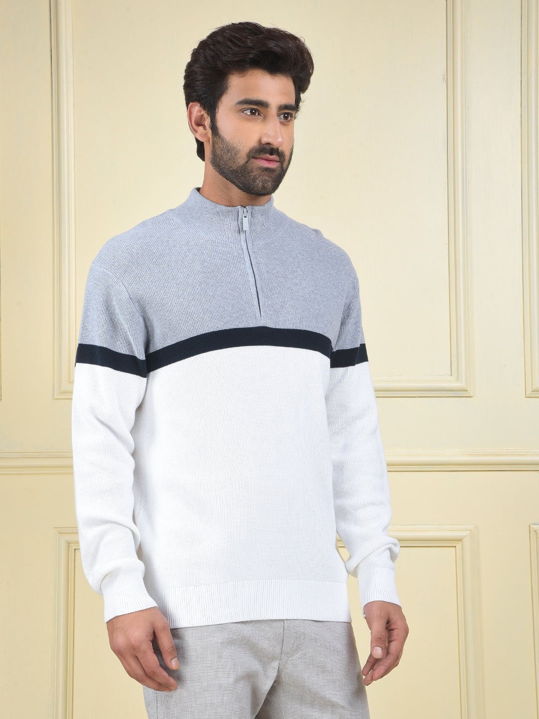 Grey Color-Block 100% Cotton Knitted Sweater
