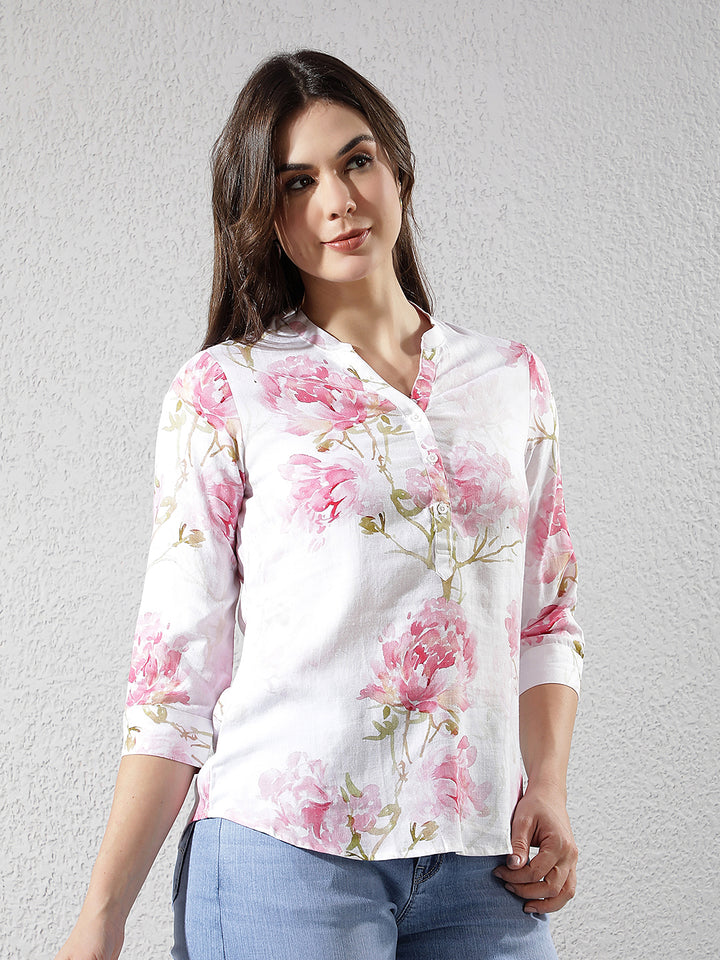 Pink Floral Print V-Neck Linen Top