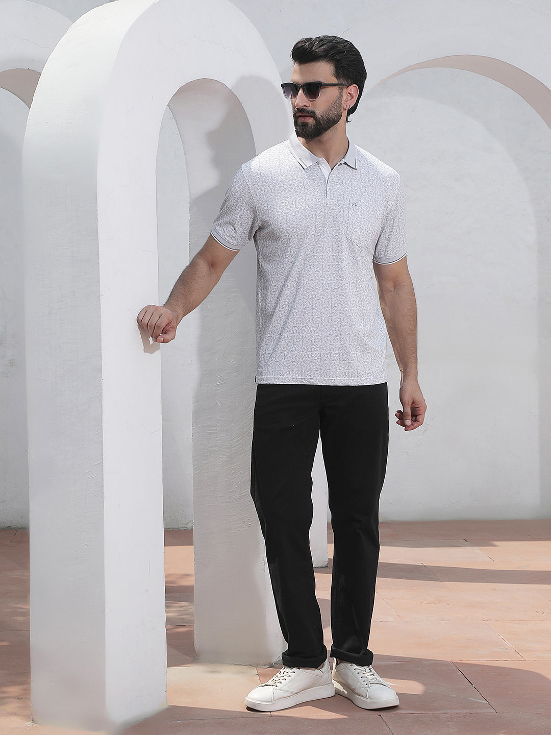 Grey Printed Polo Neck T-Shirt