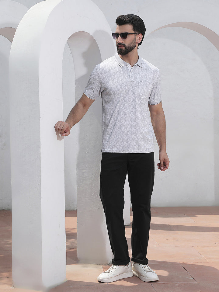 Grey Printed Polo Neck T-Shirt