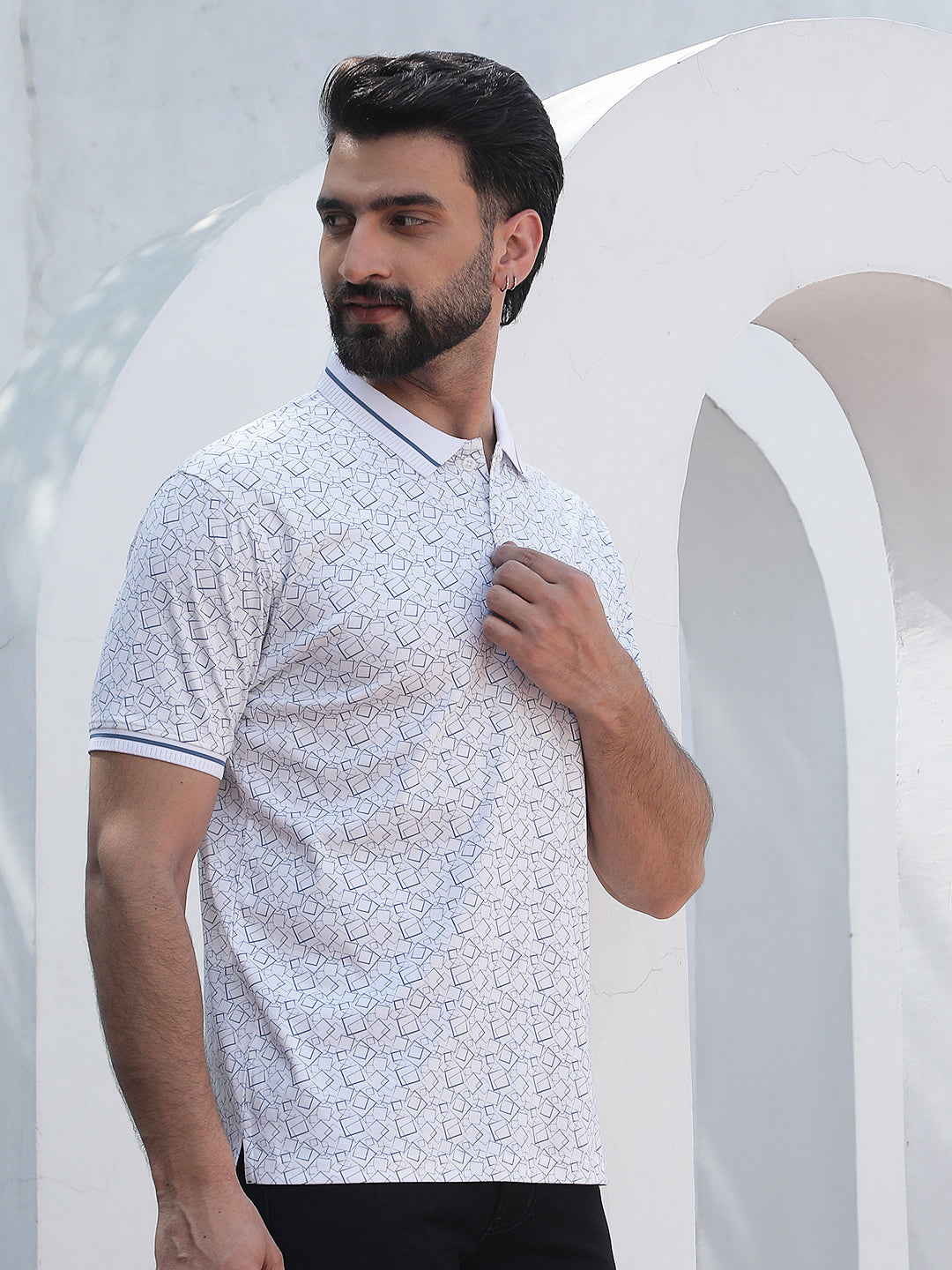 Blue Geometric Print Polo Neck 100% Cotton T-Shirt