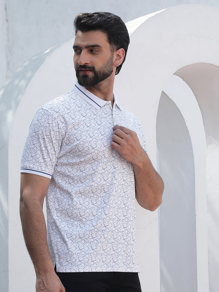 Blue Geometric Print Polo Neck 100% Cotton T-Shirt